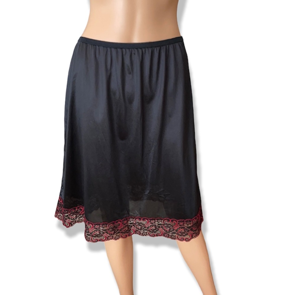 Vintage Romantic Fantasies Black Slip Skirt with Red Lace Trim